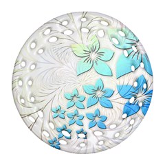 Flowers Background Leaf Leaves Blue Round Filigree Ornament (two Sides)