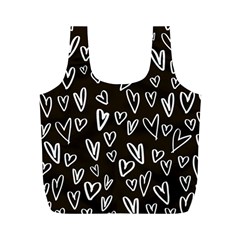 White Hearts - Black Background Full Print Recycle Bag (m)