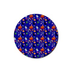 Halloween Treats Pattern Blue Rubber Coaster (round) 