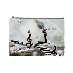 Cute Fairy Dancing On A Piano With Butterflies And Birds Cosmetic Bag (large) by FantasyWorld7