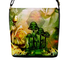 Awesome Funny Mushroom Skulls With Roses And Fire Flap Closure Messenger Bag (l) by FantasyWorld7