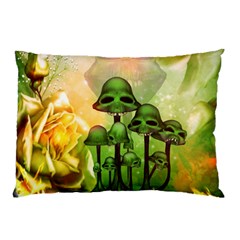 Awesome Funny Mushroom Skulls With Roses And Fire Pillow Case (two Sides) by FantasyWorld7