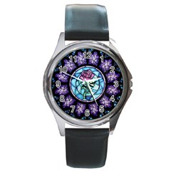 Cathedral Rosette Stained Glass Beauty And The Beast Round Metal Watch by Sudhe