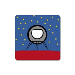 A Rocket Ship Sits On A Red Planet With Gold Stars In The Background Square Magnet