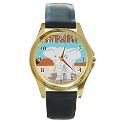 Africa Elephant Animals Animal Round Gold Metal Watch