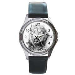 Lion Wildlife Art And Illustration Pencil Round Metal Watch