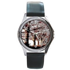 Autumn Fractal Forest Background Round Metal Watch