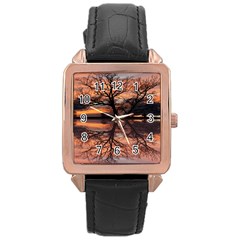 Aurora Sunset Sun Landscape Rose Gold Leather Watch  by Sudhe