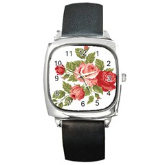 Flower Rose Pink Red Romantic Square Metal Watch