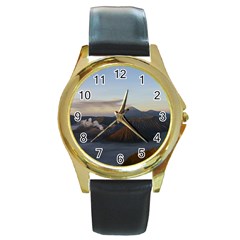 Sunrise Mount Bromo Tengger Semeru National Park  Indonesia Round Gold Metal Watch