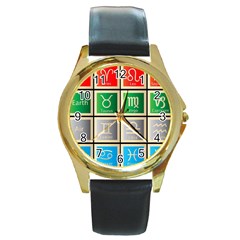 Set Of The Twelve Signs Of The Zodiac Astrology Birth Symbols Round Gold Metal Watch