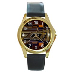 Processor Cpu Board Circuits Round Gold Metal Watch