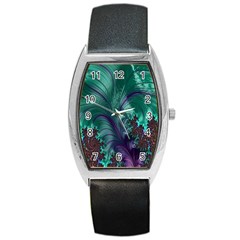 Fractal Turquoise Feather Swirl Barrel Style Metal Watch