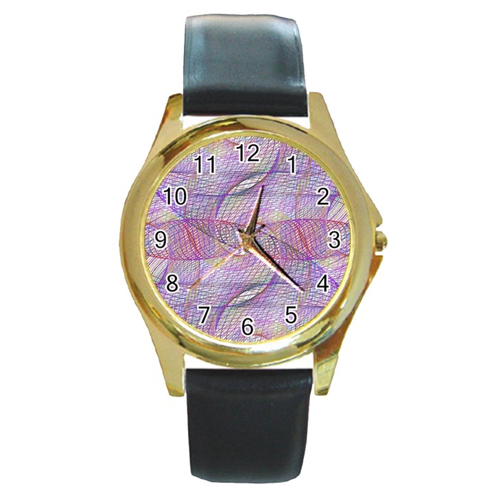 Purple Background Abstract Pattern Round Gold Metal Watch