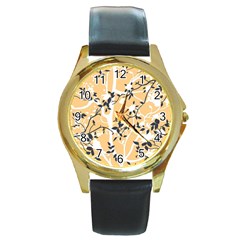 Floral Pattern Background Round Gold Metal Watch