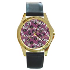 Beautiful Floral Pattern Background Round Gold Metal Watch