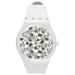 Black And White Floral Pattern Background Round Plastic Sport Watch (m) by Sudhe