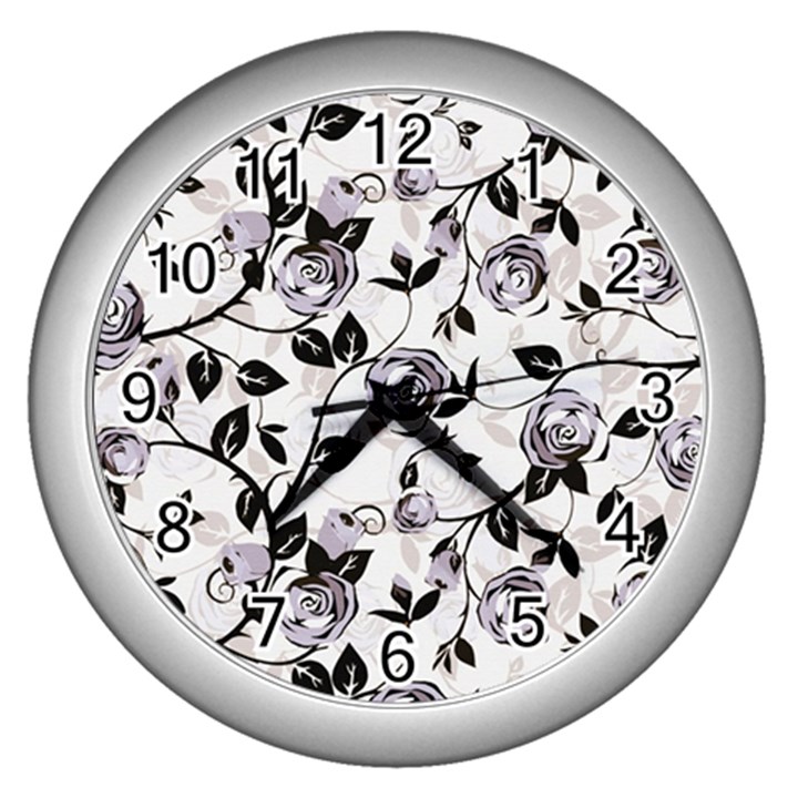 Floral Pattern Background Wall Clock (Silver)