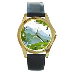 Forest Landscape Photography Illustration Round Gold Metal Watch