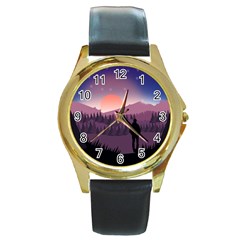 Dusk Sunset Dawn Sky Evening Round Gold Metal Watch