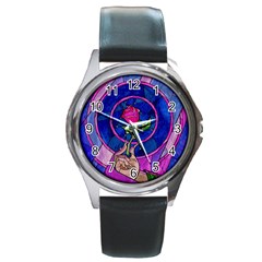 Enchanted Rose Stained Glass Round Metal Watch by Sudhe