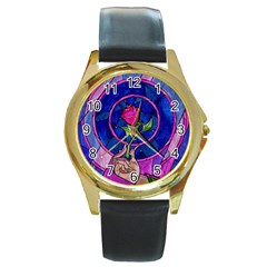 Enchanted Rose Stained Glass Round Gold Metal Watch