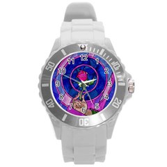 Enchanted Rose Stained Glass Round Plastic Sport Watch (l) by Sudhe