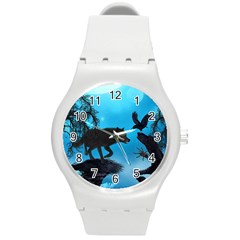 Awesome Black Wolf With Crow And Spider Round Plastic Sport Watch (m)