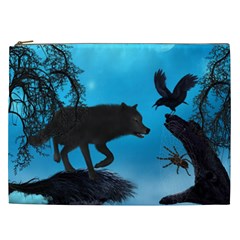 Awesome Black Wolf With Crow And Spider Cosmetic Bag (xxl) by FantasyWorld7