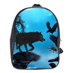 Awesome Black Wolf With Crow And Spider School Bag (xl) by FantasyWorld7