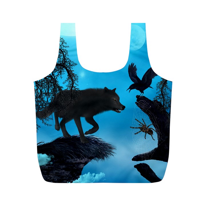 Awesome Black Wolf With Crow And Spider Full Print Recycle Bag (M)