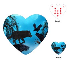 Awesome Black Wolf With Crow And Spider Playing Cards (heart) by FantasyWorld7