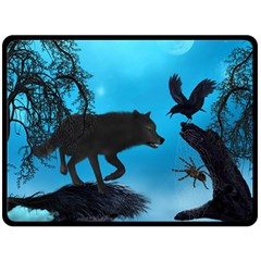 Awesome Black Wolf With Crow And Spider Fleece Blanket (large)  by FantasyWorld7