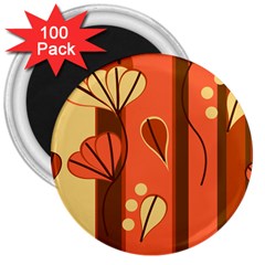 Amber Yellow Stripes Leaves Floral 3  Magnets (100 Pack)