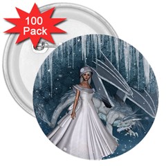 Wonderful Girl With Ice Dragon 3  Buttons (100 Pack)  by FantasyWorld7