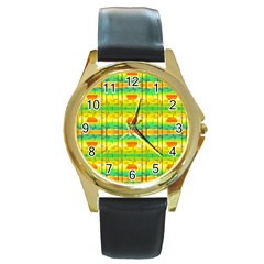 Birds Beach Sun Abstract Pattern Round Gold Metal Watch