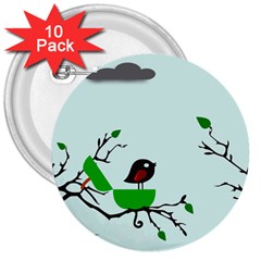 Birds Tree Animal Black Tree Green 3  Buttons (10 Pack) 