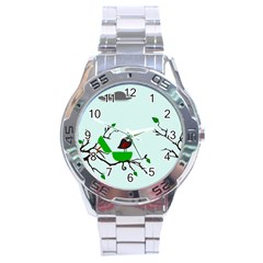 Birds Tree Animal Black Tree Green Stainless Steel Analogue Watch by Alisyart