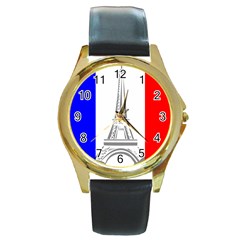 Eiffel Tower France Flag Tower Round Gold Metal Watch