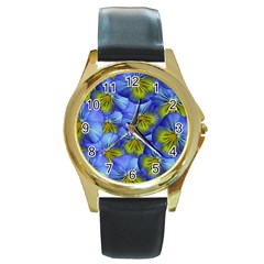 Flowers Pansy Background Purple Round Gold Metal Watch by Mariart