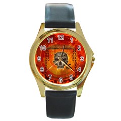 Awesome Skull With Celtic Knot With Fire On The Background Round Gold Metal Watch by FantasyWorld7