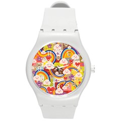 Rainbow Vintage Retro Style Kids Rainbow Vintage Retro Style Kid Funny Pattern With 80s Clouds Round Plastic Sport Watch (m) by genx