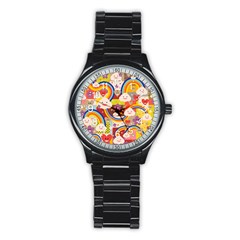 Rainbow Vintage Retro Style Kids Rainbow Vintage Retro Style Kid Funny Pattern With 80s Clouds Stainless Steel Round Watch by genx