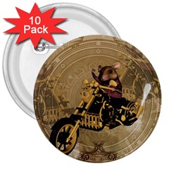 Funny Cute Mouse On A Motorcycle 3  Buttons (10 Pack) 