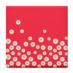 Flowers White Daisies Pattern Red Background Flowers White Daisies Pattern Red Bottom Tile Coasters by genx