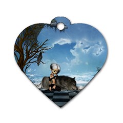 Cute Little Fairy With Wolf On The Beach Dog Tag Heart (one Side) by FantasyWorld7