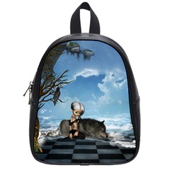 Cute Little Fairy With Wolf On The Beach School Bag (small) by FantasyWorld7