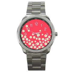 White Daisies Flower Pattern On Washed Red Background Retro Style Sport Metal Watch by genx