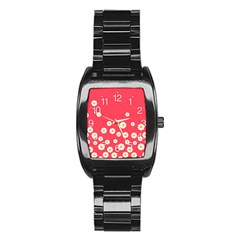 White Daisies Flower Pattern On Washed Red Background Retro Style Stainless Steel Barrel Watch by genx