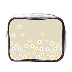 White Daisies Flower Pattern On Vintage Pastel Beige Background Retro Style Mini Toiletries Bag (one Side) by genx